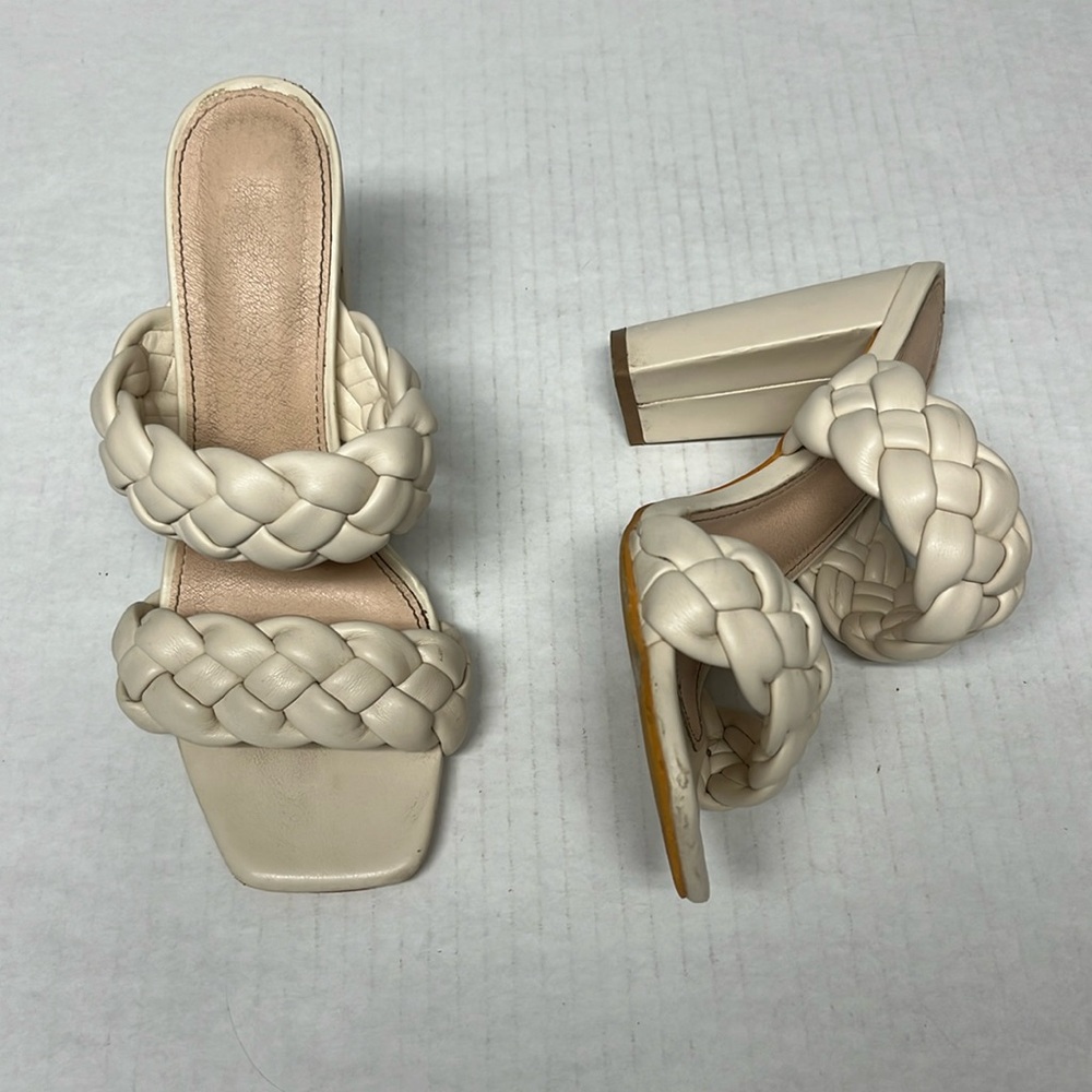 Braided Double Strap Block Heel Sandals – Cream Faux Leather Square Toe Size 7.5 - Picture 2 of 12